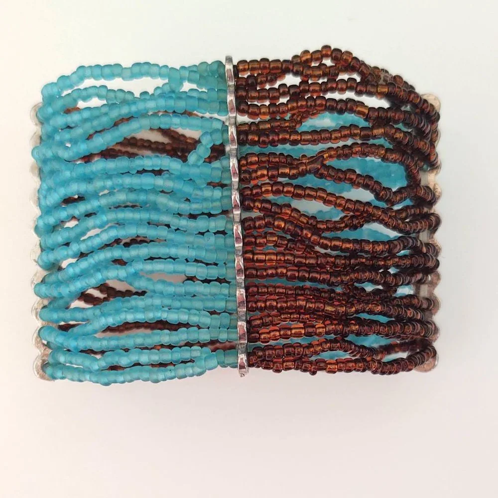 Blue and brown seed bead wide stretch bracelet